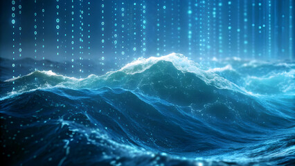 Abstract digital data rain falling on ocean waves