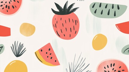 Abstract fruit pattern with watermelon, strawberry, and slices on a white background.