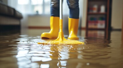 Person cleaning flooded floor with yellow mop and boots.