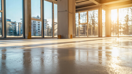 poured concrete screed in an apartment building, freshly poured concrete screed in an apartment, construction of an apartment building, generative ai