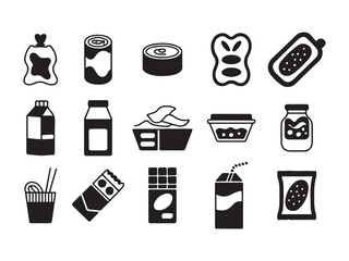 A set of black and white icons representing various food and beverage packaging vector art on white
