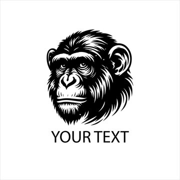Vector logo of chimpanzee head in bold black line art, fierce and detailed style, isolated on white background