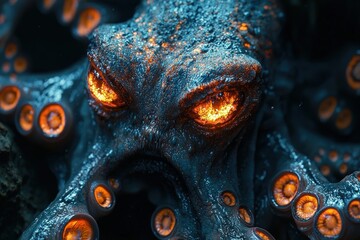 An alien creature with glowing eyes and tentacles exploring a dark underwater cave