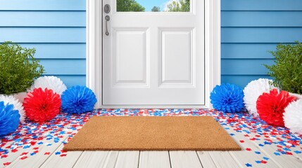 Patriotic Independence Day Front Porch Decor with Blank Doormat and Red-White-Blue Paper Decorations, July 4th Celebration Concept