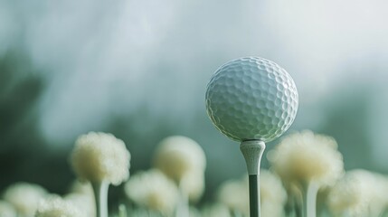 Golf ball on tee amidst blurred flowers in soft light.