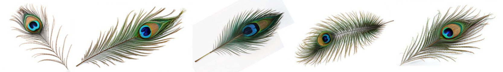 Obraz premium Collection of peacock feathers isolated on white background.