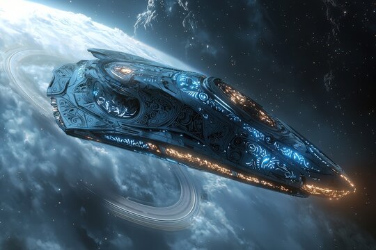 A futuristic alien spaceship with intricate designs flying past a ringed planet in space