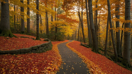 Winding Autumn Forest Path with Vibrant Fall Foliage