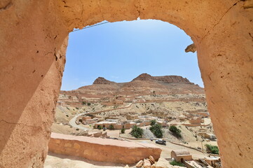 Scenic View of Desert Landscape Around Chenini Village Seen from Arch in Tataouine District, Tunisia