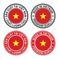 Made in Vietnam round labels in English and in Vietnamese languages. Quality mark vector icon. Perfect for logo design product package