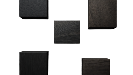 Dark, textured cubes levitate against black