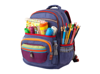 Colorful backpack filled with school supplies ready for class, Isolated On Transparent Background
