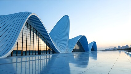 Modern blue architectural design wave shaped building exterior at sunset