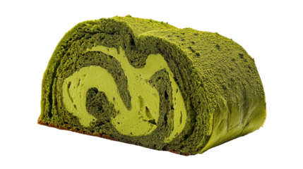Delicious matcha roll cake with a vibrant green swirl design. transparent background