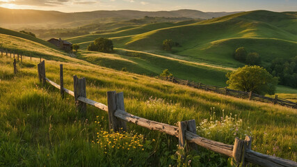 Rolling Green Hills Bathed in Golden Hour Sunlight with Wildflowers