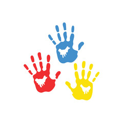 Obraz premium Colorful handprints with bird imprints childrens art