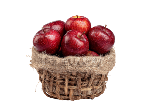 Red apples in rustic burlap lined basket isolated black background, Isolated On Transparent Background