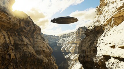 An unidentified flying object hovers above a canyon casting shadows on the rocks