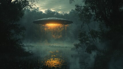 An unidentified flying object hovers above a dense swamp glowing in the darkness
