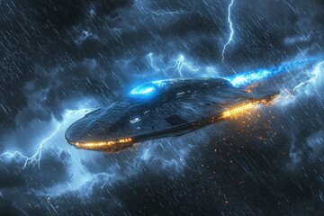 A sleek alien spaceship flying through a thunderstorm with rain and lightning illuminating its path