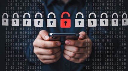 Cybersecurity concept with red unlocked padlock among locked icons on binary background
