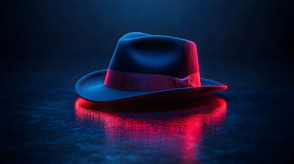 Neon Fedora Hat 3D Render Illustration: Blue and Red Light