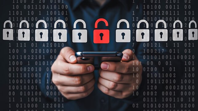 Cybersecurity concept with red unlocked padlock among locked icons on binary background

