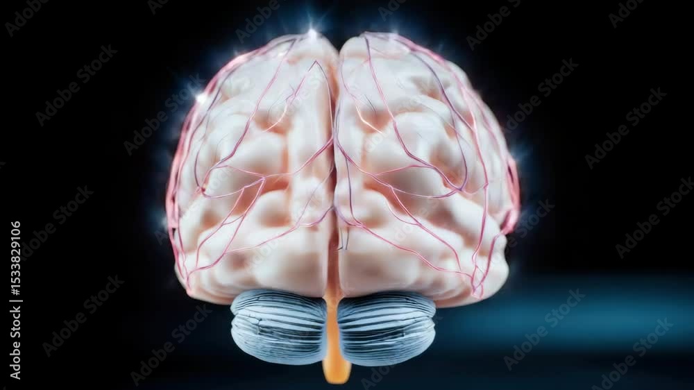 Poster human brain with neurons and the nervous system, a close-up shot, isolated on a dark background.