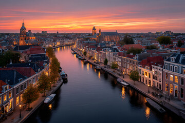 Obraz premium Urban View. Aerial Cityscape at Blue Hour in Leiden, Netherlands with Stunning Sunset Skyline