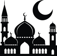 Mosque Silhouette with Crescent Moon