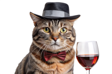 Stylish cat in hat with wine glass isolated on a white background
