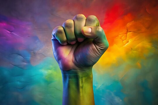 A raised fist painted in vibrant rainbow colors against a multicolored abstract background symbolizing unity strength and protest