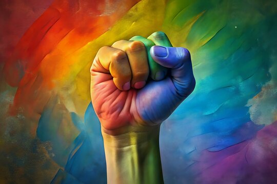 A raised fist painted in vibrant rainbow hues against a colorful abstract background representing pride and lgbtqia rights