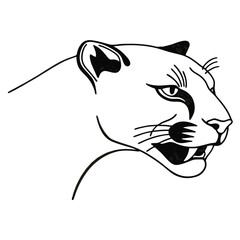 Profile of outlined mountain lion shows its fangs in a detailed monochrome scene