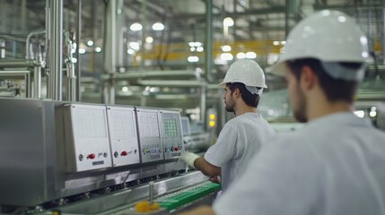 Obraz premium Workers Overseeing Machinery Operations in Industrial Facility