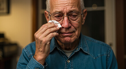 Elderly man wiping tears while sitting indoors in a cozy environment  