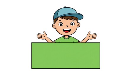 Happy boy with outstretched arms in front of blank green sign  