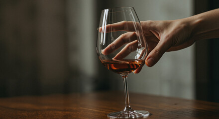 Hand reaching for wine glass on wooden table in dimly lit setting  
