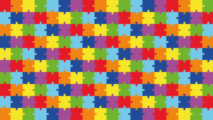 Colorful Puzzle Pattern Background. Bright Jigsaw Tiles in Rainbow Colors. Education, Autism Awareness, Kids Logic Game, Preschool Play, Matching Activity, Puzzle Template for Design.
