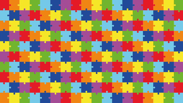 Colorful Puzzle Pattern Background. Bright Jigsaw Tiles in Rainbow Colors. Education, Autism Awareness, Kids Logic Game, Preschool Play, Matching Activity, Puzzle Template for Design.