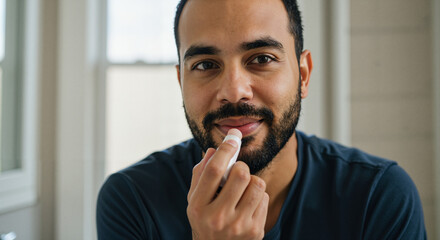 Man applying lip balm while smiling indoors in natural light  