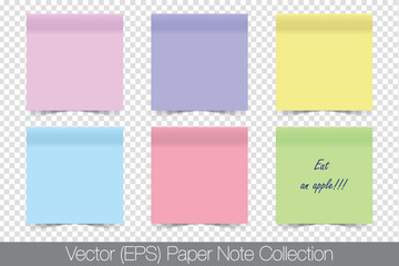Realistic sticky paper note set with curled bottom edge and shadow isolated on transparent background. Colorful blank paper templates, eazy to edit