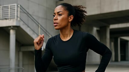Dynamic video still of a focused woman jogging in an urban setting, captured from a low angle, emphasizing movement and determination