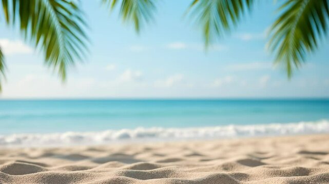A serene beach scene video with a low-angle view, focusing on soft sand and blurred palm leaves framing a tranquil ocean horizon