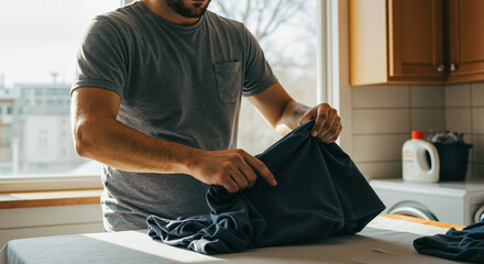 Man folding wrinkled t-shirt on kitchen countertop during daytime  