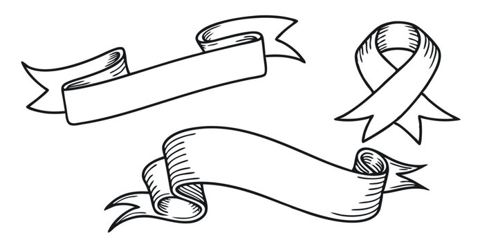 Hand Drawn Ribbon Banners and Awareness Ribbon Illustration in Black and White