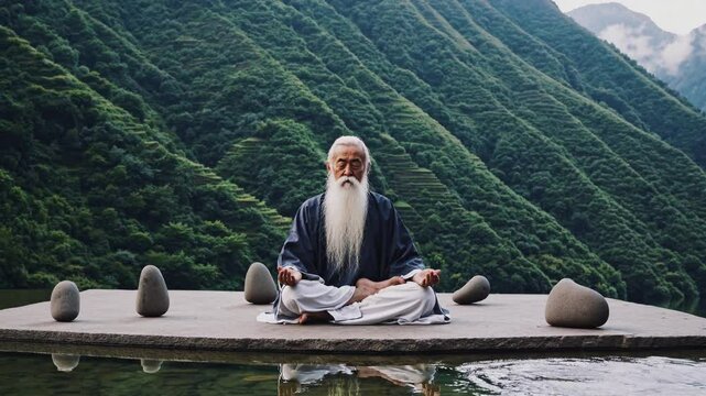 Elderly person meditates on a platform surrounded by water and mountains, highlighting serenity and connection with nature. Calming atmosphere and tranquil environment enhance the meditative pose.