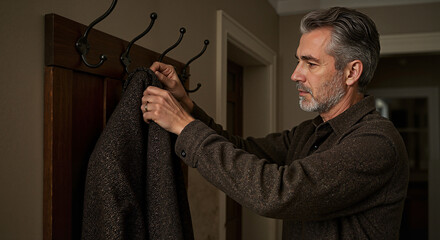 Mature man hanging coat on hook by the front door at home  