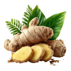 Ginger Root with Greenery on White: Healthy Ingredient for Cooking & Wellness