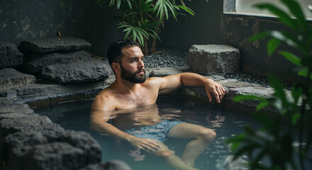 Man relaxing in mineral water bath surrounded by plants indoors  